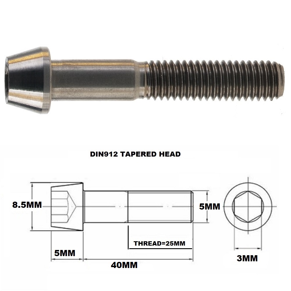 M5X40MM .8 THREAD PITCH TITANIUM TAPERED HEAD BOLT GRADE 5